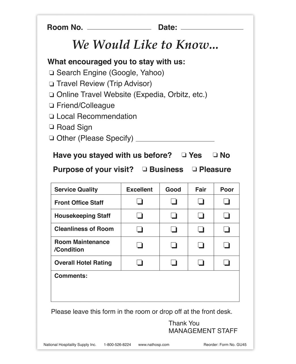 Hotel Guest Comment Forms Hotel Guest Comment Forms